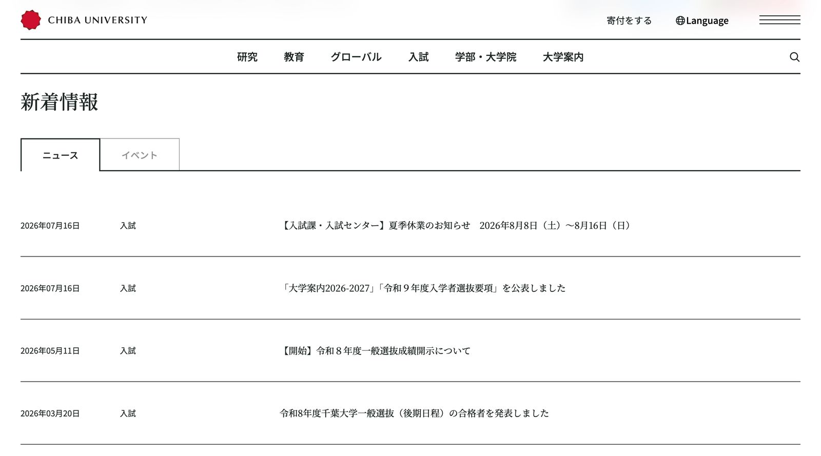 千葉大学 公式サイト 入試